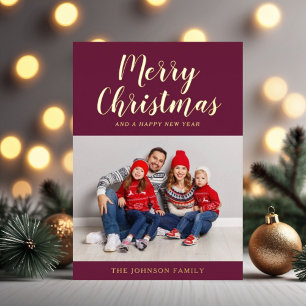 Elegant Burgundy Gold Script Christmas Photo Foil Holiday Card