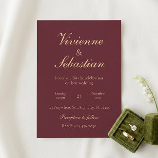 Elegant Burgundy Gold Script Minimalist Wedding Invitation