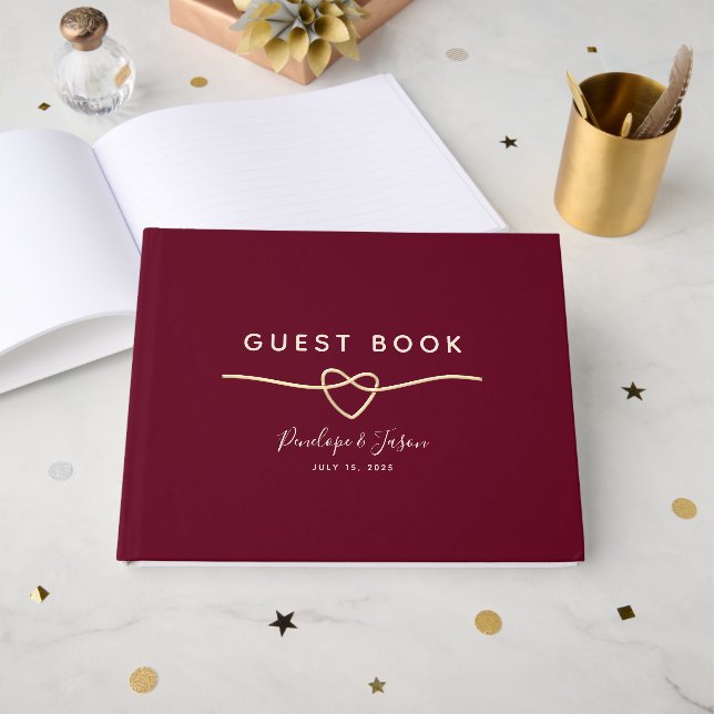 Elegant Burgundy Gold Script Wedding Guest Book (Front Open)