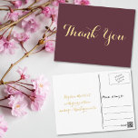 Elegant Burgundy Gold Script Wedding Thank You Postcard<br><div class="desc">Create your own custom,  personalised,  dusty burgundy and faux gold thank you note postcard. Simply enter your message / thank you note. Elegant thank you note postcard for use on wedding,  marriage anniversary,  birthday,  graduation,  bridal shower,  baby shower,  holidays,  or any other special occasion related mailings.</div>