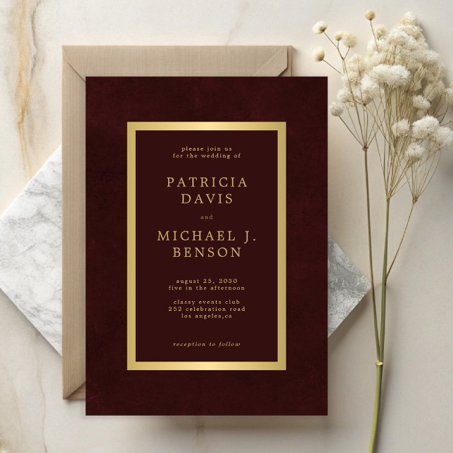 Elegant burgundy gold simple typography wedding invitation (Creator Uploaded)