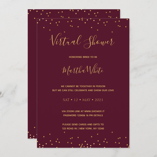 Elegant Burgundy Gold Simple Virtual Bridal Shower Invitation (Front/Back)