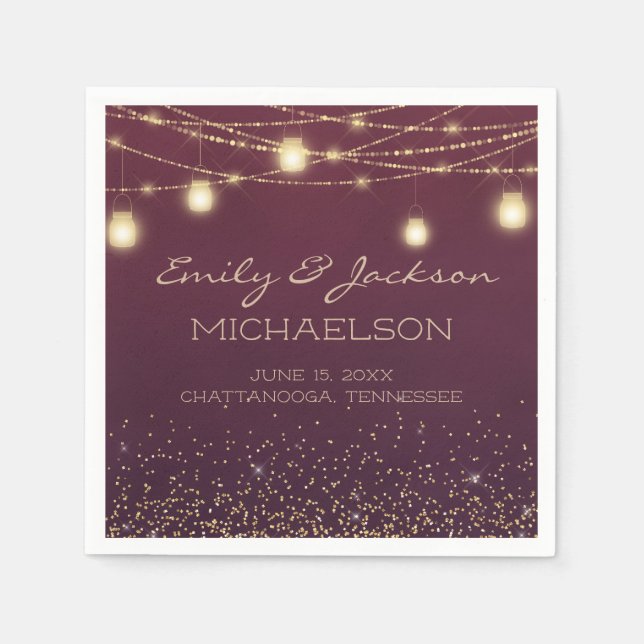 Elegant Burgundy Gold String Lights Lanterns Napkin (Front)