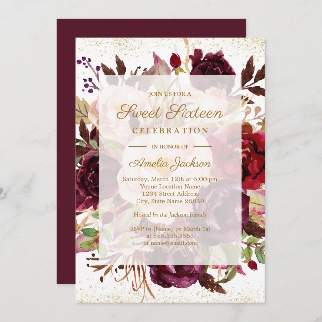 Elegant Burgundy Gold Sweet Sixteen Invitation (Front/Back)