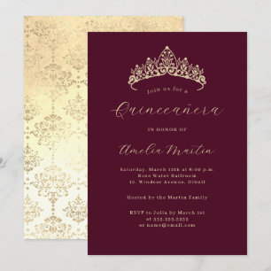Elegant Burgundy Gold Tiara Quinceanera  Invitation