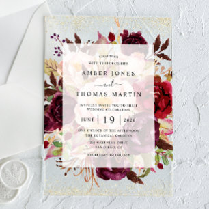 Elegant Burgundy Gold Wedding Acrylic Invitations
