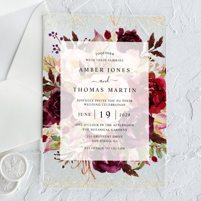 Elegant Burgundy Gold Wedding Acrylic Invitations (Creator Uploaded)