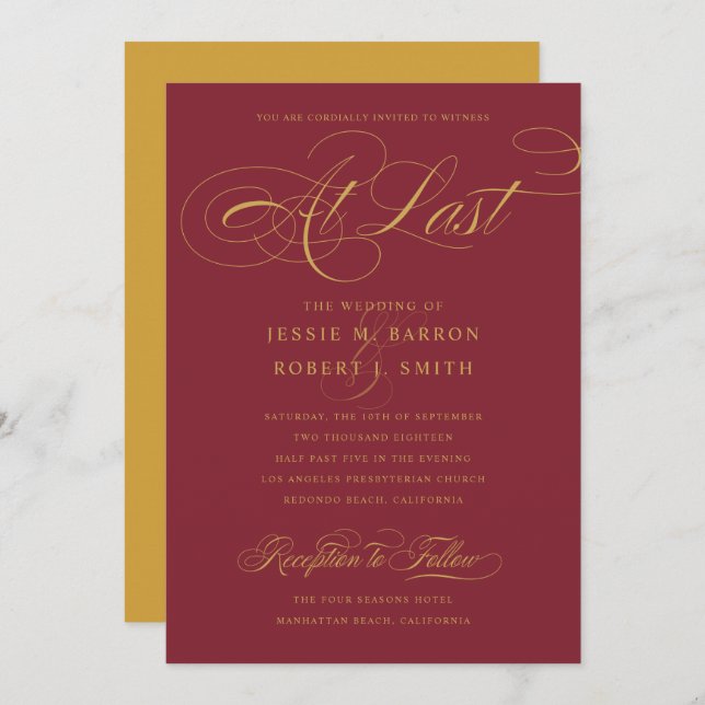 Elegant Burgundy Gold Wedding At Last Calligraphy Invitation (Front/Back)