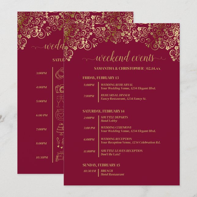 Elegant Burgundy & Gold Wedding Events & Timeline Program (Front/Back)