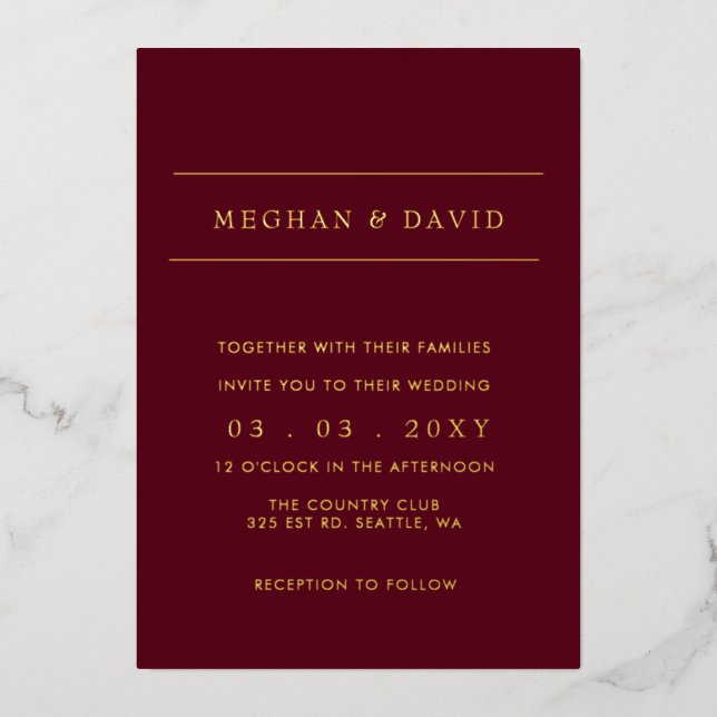 Elegant Burgundy Gold Wedding  Foil Invitation (Front)