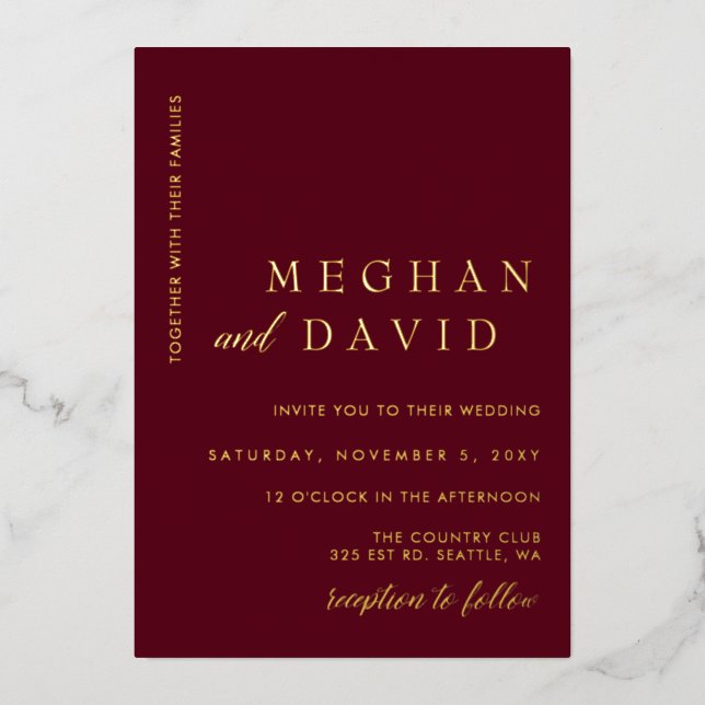 Elegant Burgundy Gold Wedding  Foil Invitation (Front)