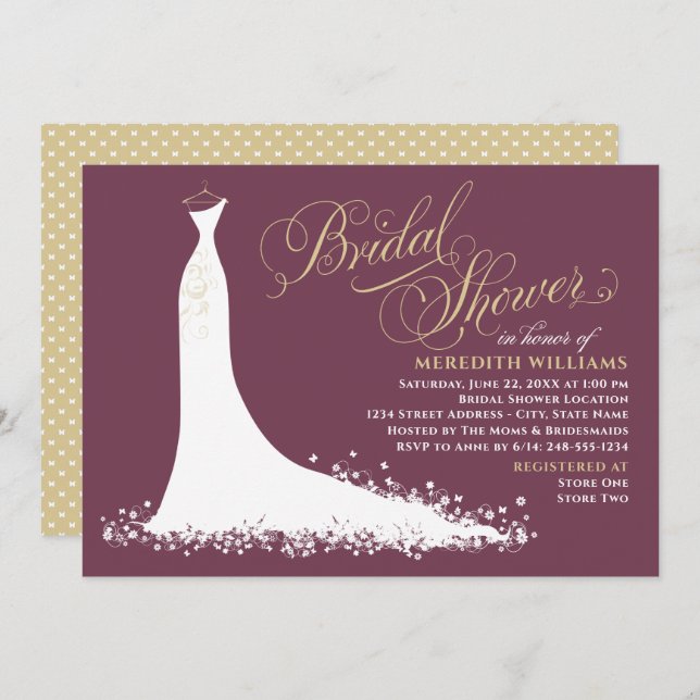 Elegant Burgundy Gold Wedding Gown Bridal Shower Invitation (Front/Back)