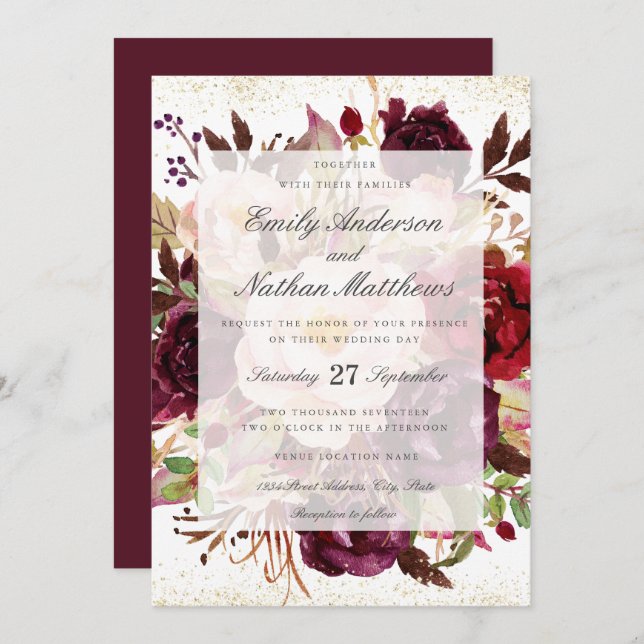 Elegant Burgundy Gold Wedding Invitation (Front/Back)