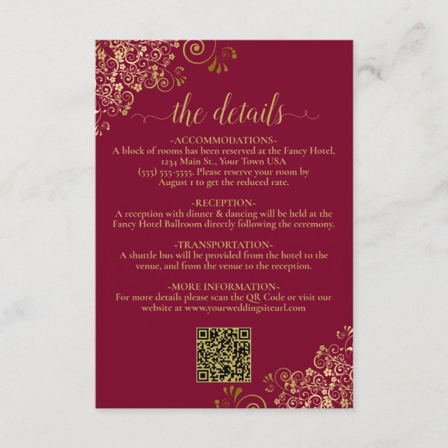 Elegant Burgundy & Gold Wedding QR Code Details Enclosure Card (Front)