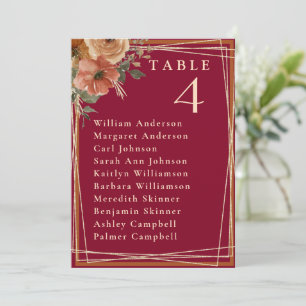 Elegant Burgundy Gold Wedding Table Seating Card