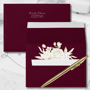  Elegant Burgundy Gold White Floral Roses Address Envelope
