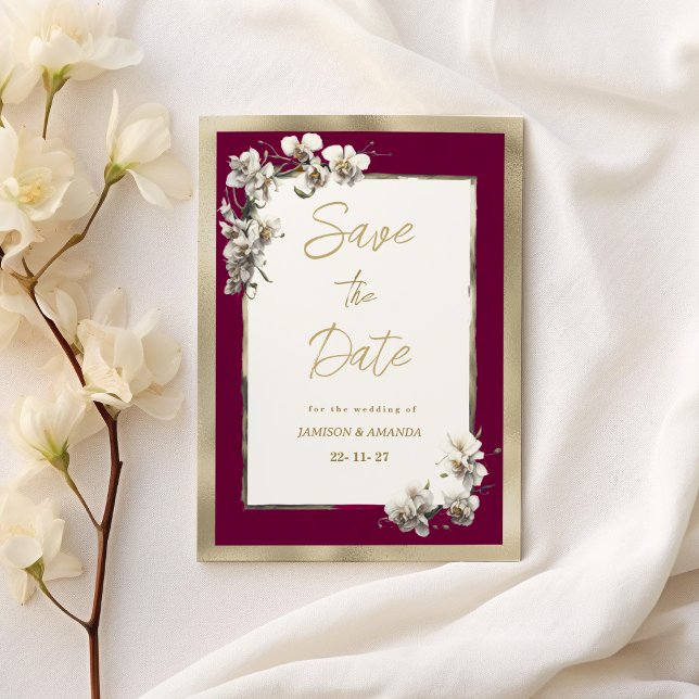 Elegant burgundy gold white orchid Save The Date Invitation (Elegant burgundy gold white orchid Save The Date )