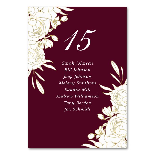 Elegant Burgundy Gold White Roses Names Wedding Table Number (Front)