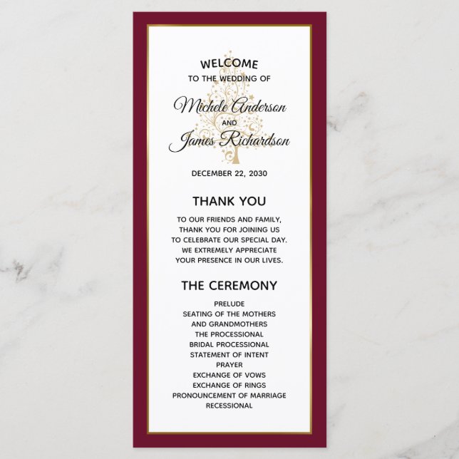 Elegant Burgundy Gold Winter Holiday Wedding Program (Front)