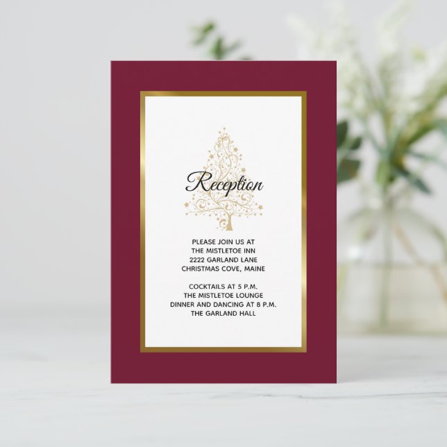 Elegant Burgundy Gold Winter Wedding Reception Enclosure Card (Standing Front)