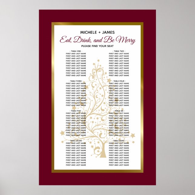 Elegant Burgundy Gold Winter Wedding Seating Chart (Front)