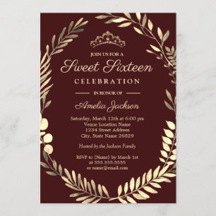 Elegant Burgundy Gold Wreath Sweet Sixteen Invitation