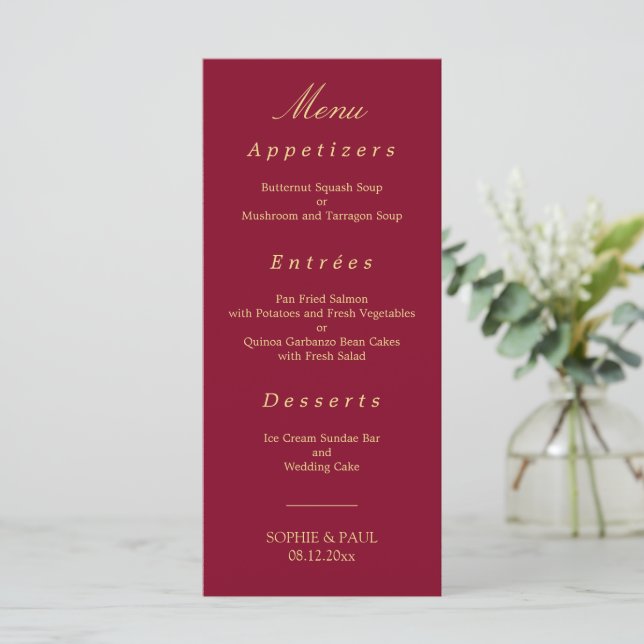 Elegant Burgundy Golden Beige Wedding Menu (Standing Front)