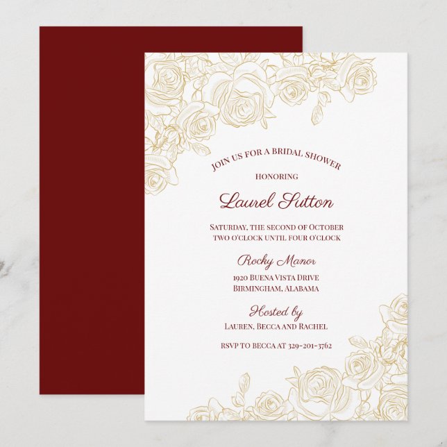 Elegant Burgundy & Golden Roses Bridal Shower Invitation (Front/Back)