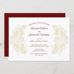 Elegant Burgundy & Golden Roses Rehearsal Dinner Invitation