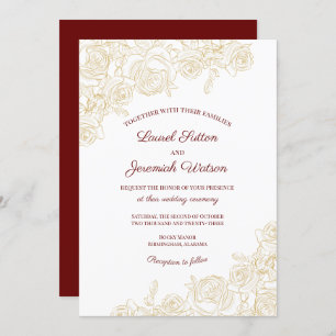 Elegant Burgundy & Golden Roses Wedding Invitation