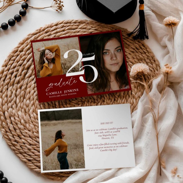 Elegant Burgundy Graduation Class 2025 Party Invitation (Burgundy Graduation Photo Card)