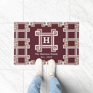 Elegant Burgundy Greek Key Monogram Custom Doormat