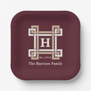 Elegant Burgundy Greek Key Monogram Custom Paper Plate