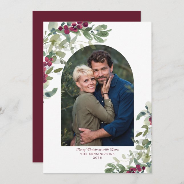 Elegant Burgundy Greenery Arch Christmas Photo Holiday Card (Front/Back)