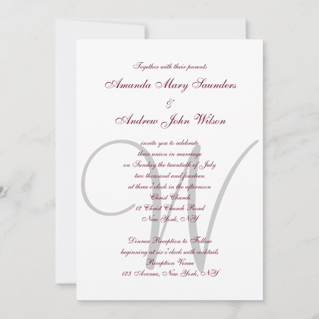Elegant Burgundy Grey Monogram Formal Wedding Invitation (Back)