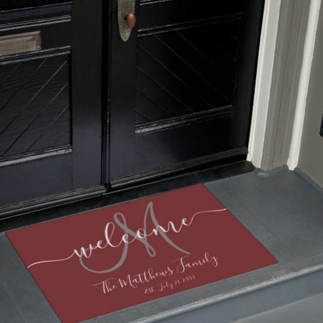 Elegant Burgundy Grey Monogram Script Name Wedding Doormat (Creator Uploaded)