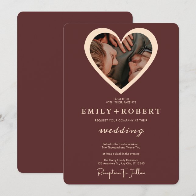 Elegant Burgundy Heart Photo Typography Wedding Invitation (Front/Back)