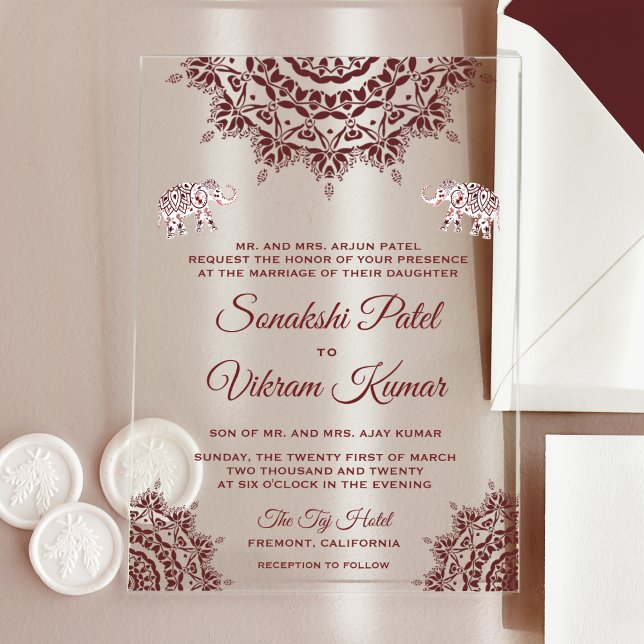 Elegant Burgundy Henna Indian Wedding Acrylic Invitations (Creator Uploaded)