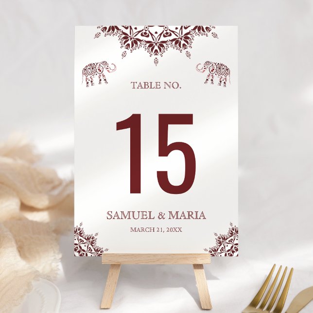 Elegant Burgundy Henna Indian Wedding Table Number (Creator Uploaded)