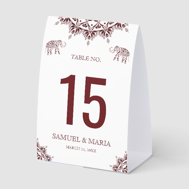Elegant Burgundy Henna Indian Wedding Table Number (Front)