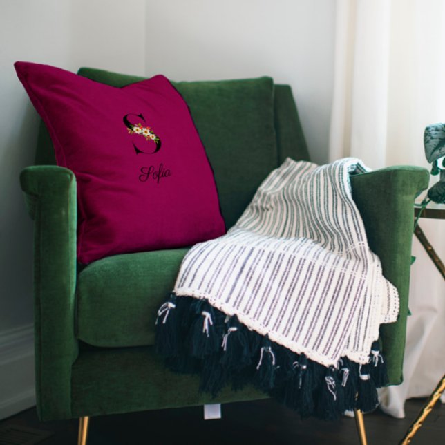 Elegant burgundy hibiscus monogram Throw Pillow (Creator Uploaded)
