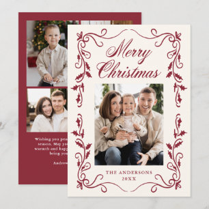 Elegant Burgundy Holly Merry Christmas 5 Photo Holiday Card