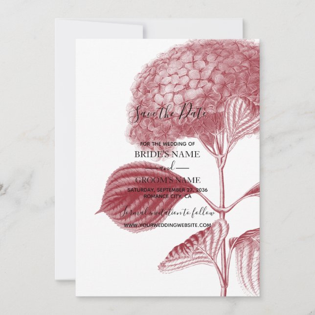 Elegant Burgundy Hydrangea Wedding Save The Date (Front)