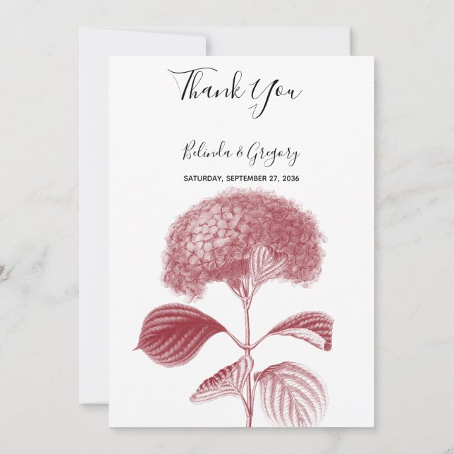 Elegant Burgundy Hydrangea Wedding Thank You Card (Back)