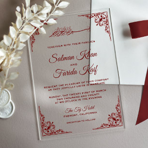 Elegant Burgundy Islamic Muslim Wedding Acrylic Invitations