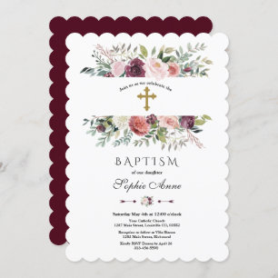 Elegant Burgundy Ivory Floral Frame Gold Baptism Invitation