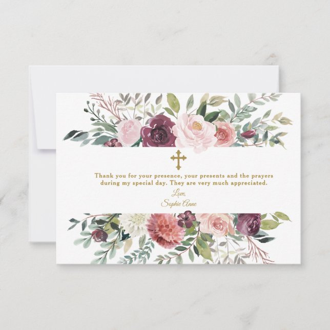 Elegant Burgundy Ivory Floral Frame Gold Baptism Thank You Card (Front)