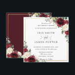 Elegant Burgundy Ivory Floral Gold Wedding Square Invitation<br><div class="desc">This rustic wedding invitation features a beautiful watercolor burgundy and ivory floral arrangement. Designed to match our Rustic Burgundy wedding collection. Personalise it with your details easily and quickly, simply press the customise it button to further re-arrange and format the style and placement of the text. (c) The Happy Cat...</div>