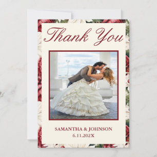 Elegant Burgundy Ivory Floral Wedding Photo Thank You Card