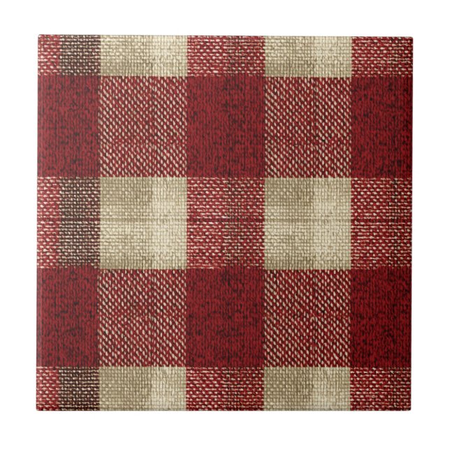 Elegant Burgundy Ivory Rust Red Plaid Pattern Ceramic Tile (Front)